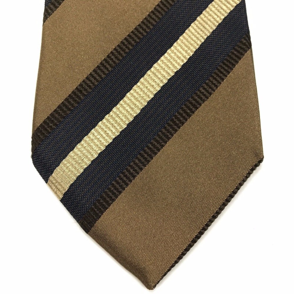 Corneliani Tie Brown Beige Navy Blue Striped 100% Silk Italian Necktie